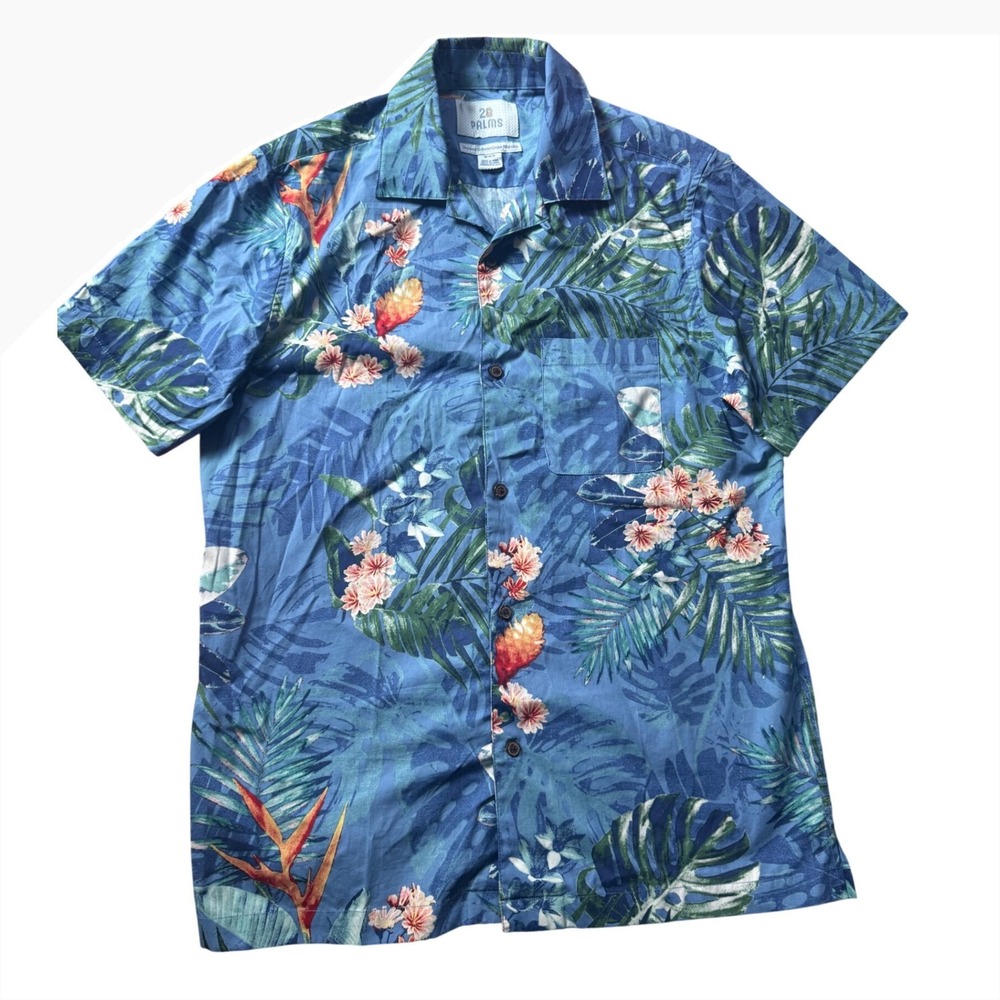 Palms 28 Men's Button Shirt Tropical Palm Blue Summer Beach Size M short Sleeves